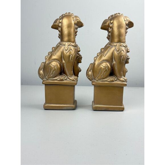 Pair of Chinese Foo Dog with Puppy 11in Gold Chalkware Figurines Statues - Picture 5 of 6